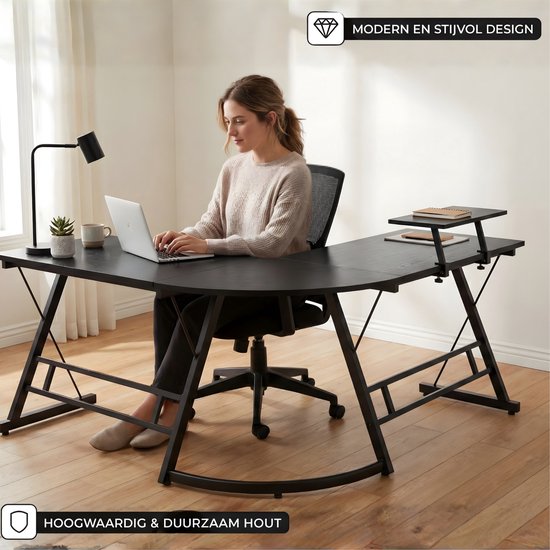 Bayt Corner Desk - Bureau - Gaming Desk - Bureau en L - Table d'ordinateur - Noir - 129 x 129 x 74 cm
