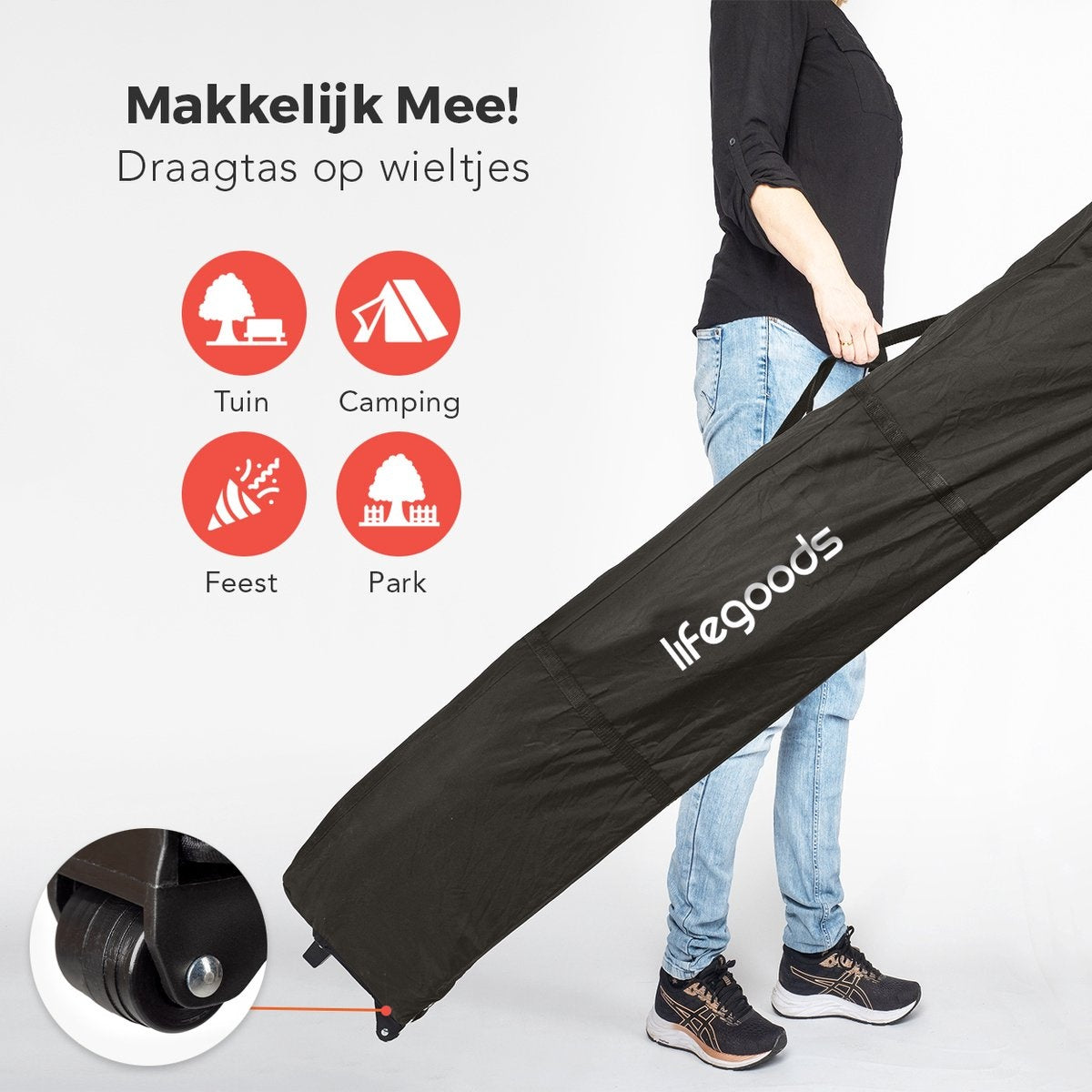 Chapiteau de jardin LifeGoods - 3x3 m - Pliable - Etanche - Sac de transport à roulettes - Vert foncé