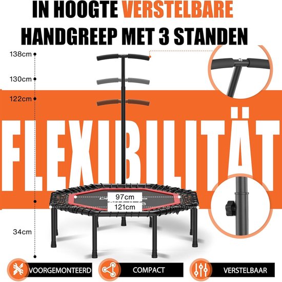 DH FitLife Trampoline Fitness pliable Ø121 cm - Trampoline d'intérieur sans installation - Avec 3 poignées réglables - Robuste et silencieux, jusqu'à 150 kg, pour enfants et adultes