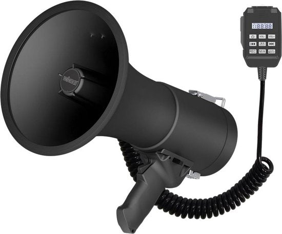 Velleman Mégaphone puissant de 50 W avec sirène intégrée, enregistrement de 700 secondes, réglage du volume, Bluetooth, microphone à main et connexion USB, portée : max 1200 m, noir mat