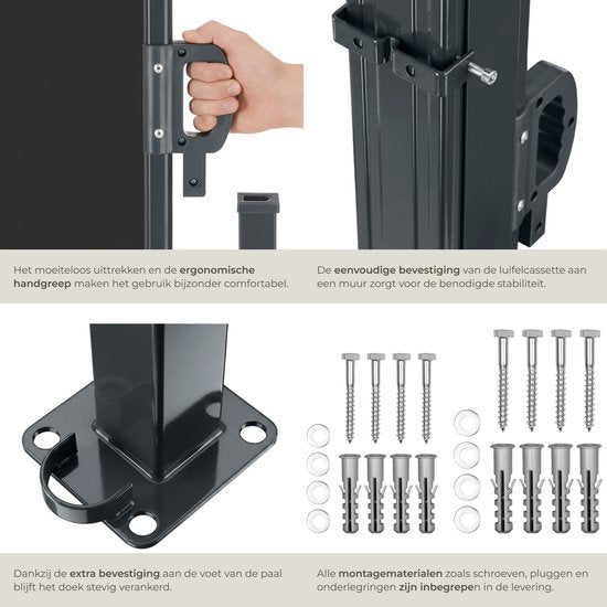 tectake® Pare-vent télescopique avec mécanisme d'enroulement - 300 x 160 cm - Auvent latéral avec armature en aluminium - Pare-soleil - Pare-vue de jardin - Pare-vue noir pour balcon - Pare-vue opaque - Toile de store