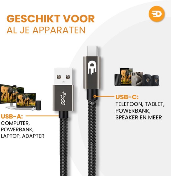 Drivv. Câble USB vers USB C - Chargeur rapide - Câble de données et de charge USB C - 2 mètres - Convient à Samsung, iPhone 15 et autres - Gris moderne