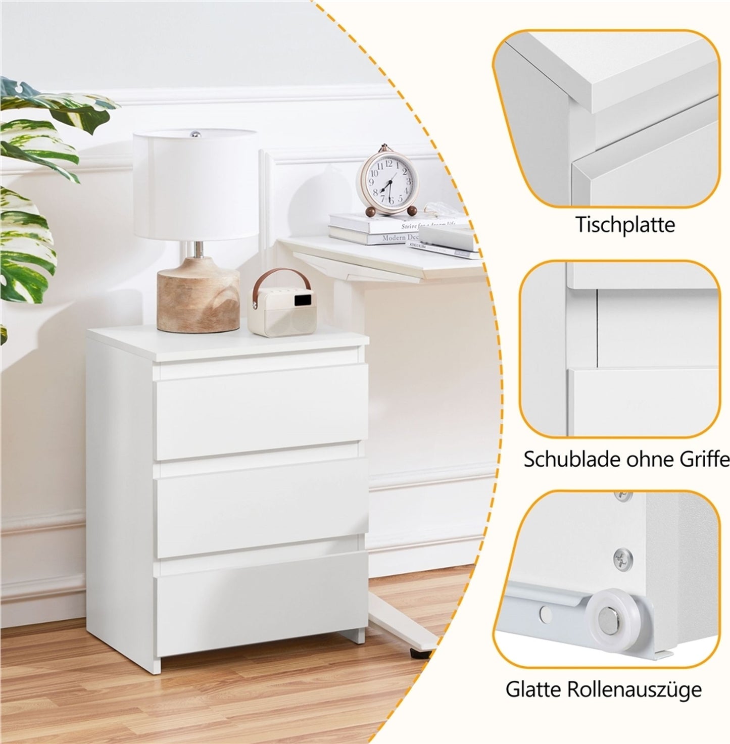 Yaheetech Table de chevet avec 3 tiroirs - Blanc - 45.5 x 35.5 x 60.5 cm