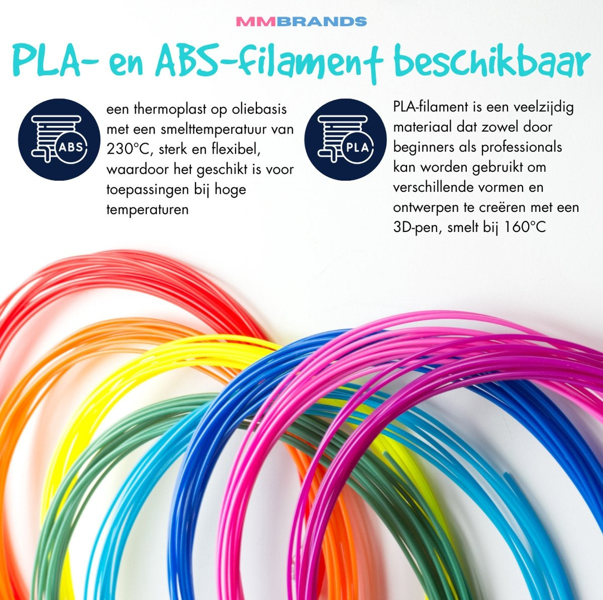 MM Brands 3D Pen Refills - Filament PLA & ABS - 10 couleurs - 100 mètres - Recharge pour stylo 3D - Convient à tous les stylos 3D
