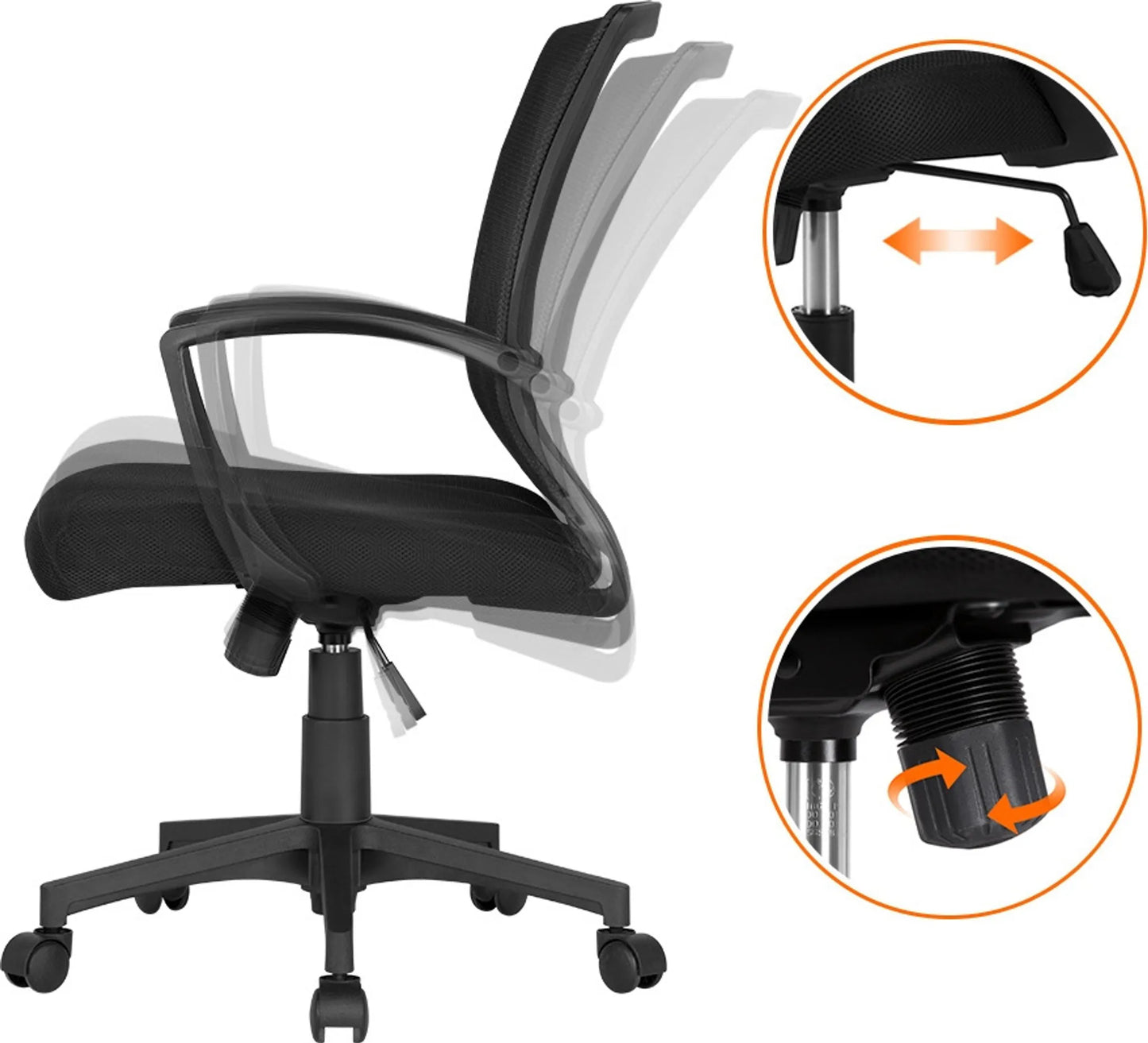 Chaise de bureau ergonomique Yaheetech - avec tissu en maille respirant, fonction oscillante et hauteur d'assise réglable - pour le bureau et l'étude - Nylon noir et métal - 60 x 60 x 91-100,5 cm