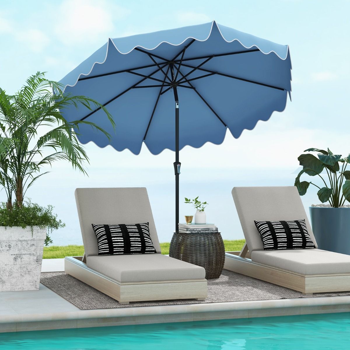 Coast Parasol 270 cm Navy Blue - Parasol de jardin avec manivelle, Volant et inclinaison de 25° Parasol de terrasse avec 8 côtes