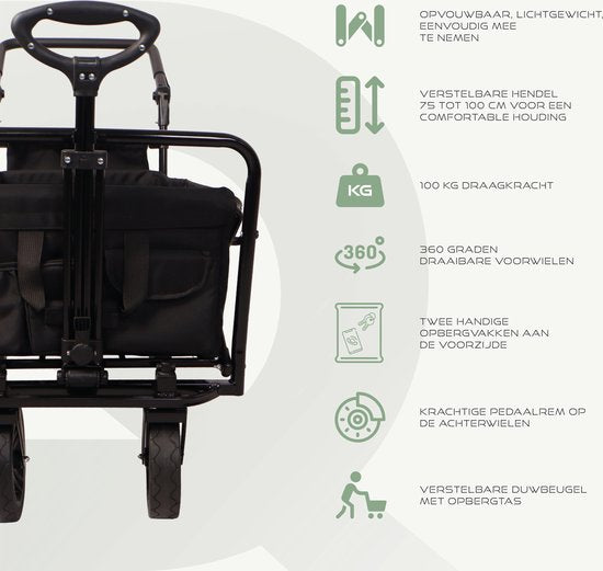 BRASQ Bolderkar WC200 de luxe pliable - Capacité 108L - Avec barre de poussée - Léger - Capacité de charge jusqu'à 100 kg - 2 sacs de rangement inclus - Noir