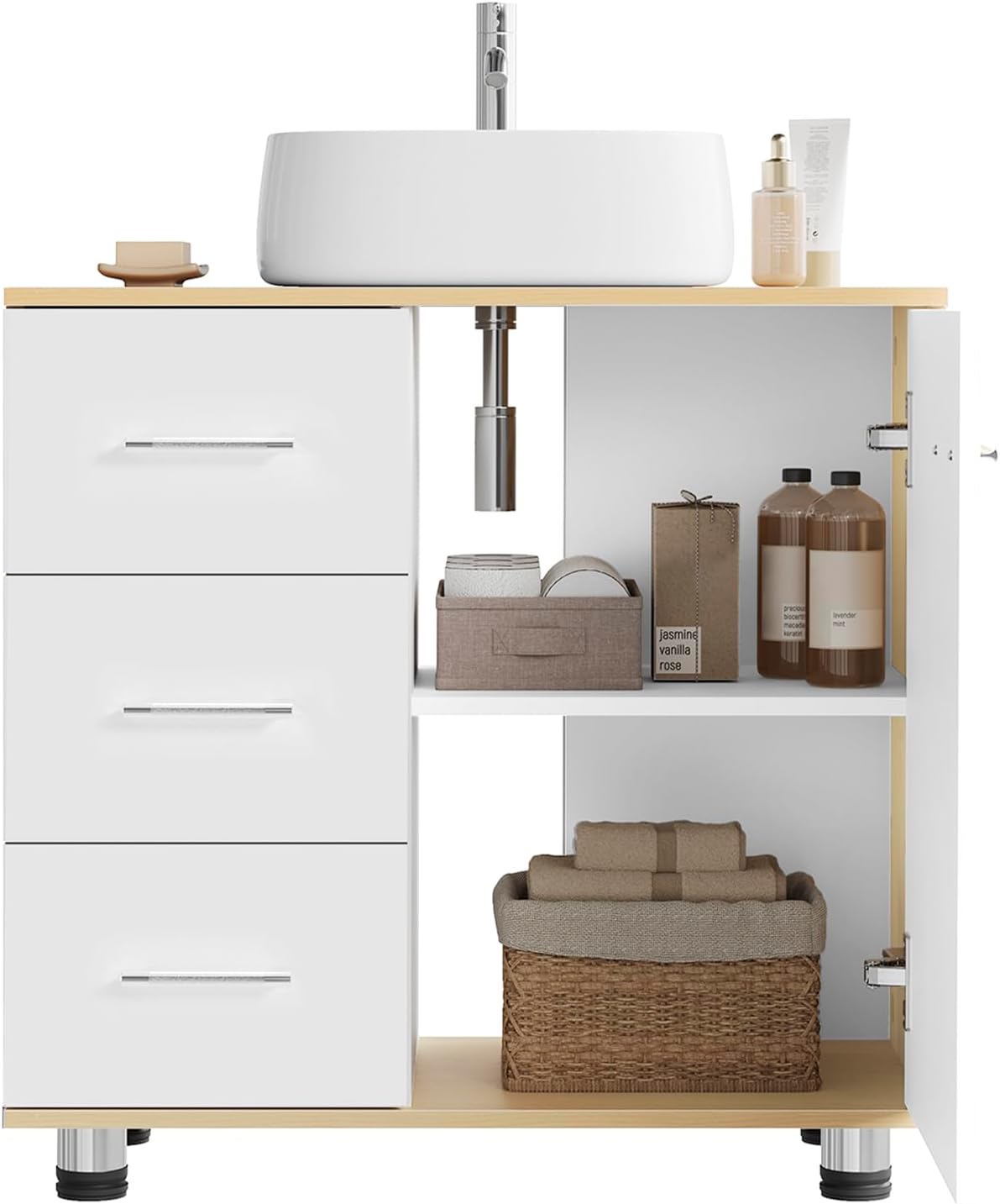 Meuble de salle de bains Eugad blanc/chêne clair - 60 x 60 x 30 cm - 3 tiroirs - Étagère réglable