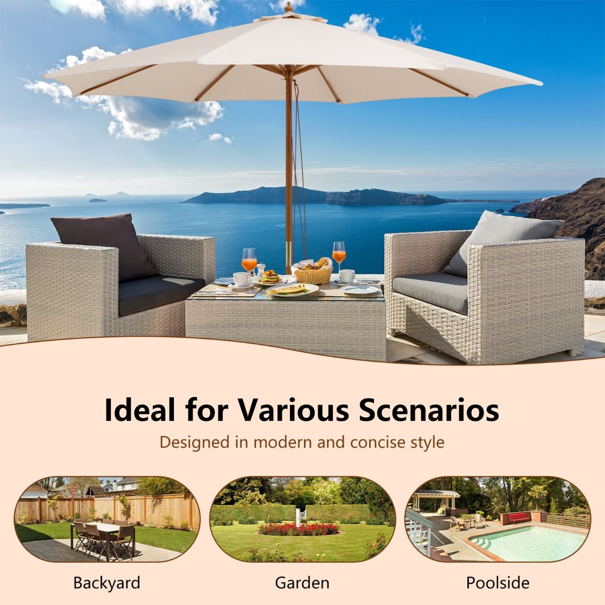 Parasol Coast Terrace - Bois - Beige - 300x300x262cm