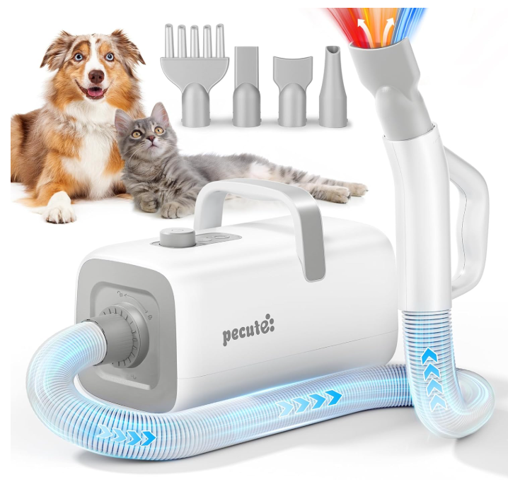Sèche-cheveux pour animaux de compagnie Pecute MAS-520 - Blanc et gris - 4 embouts - Air chaud et froid