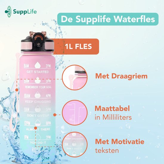 Gourde Supplife - 1 litre - avec paille - Motivation - Gourde de sport - Sans BPA - Rose Aqua