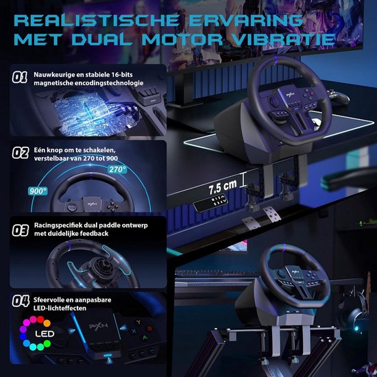 PXN - V900 Gen 2 - Volant de course - Avec pédales et palettes - 270 / 900° - Volant de jeu - Compatible avec PS4 - PC - PS3 - Switch - Xbox Series X/S