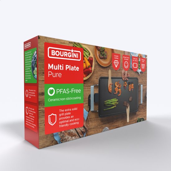 Bourgini Multiplate Pure - Sans PFAS - Appareil à griller - 46 x 26 cm - Thermostat réglable - Gril électrique 2500 W - Revêtement antiadhésif - Noir