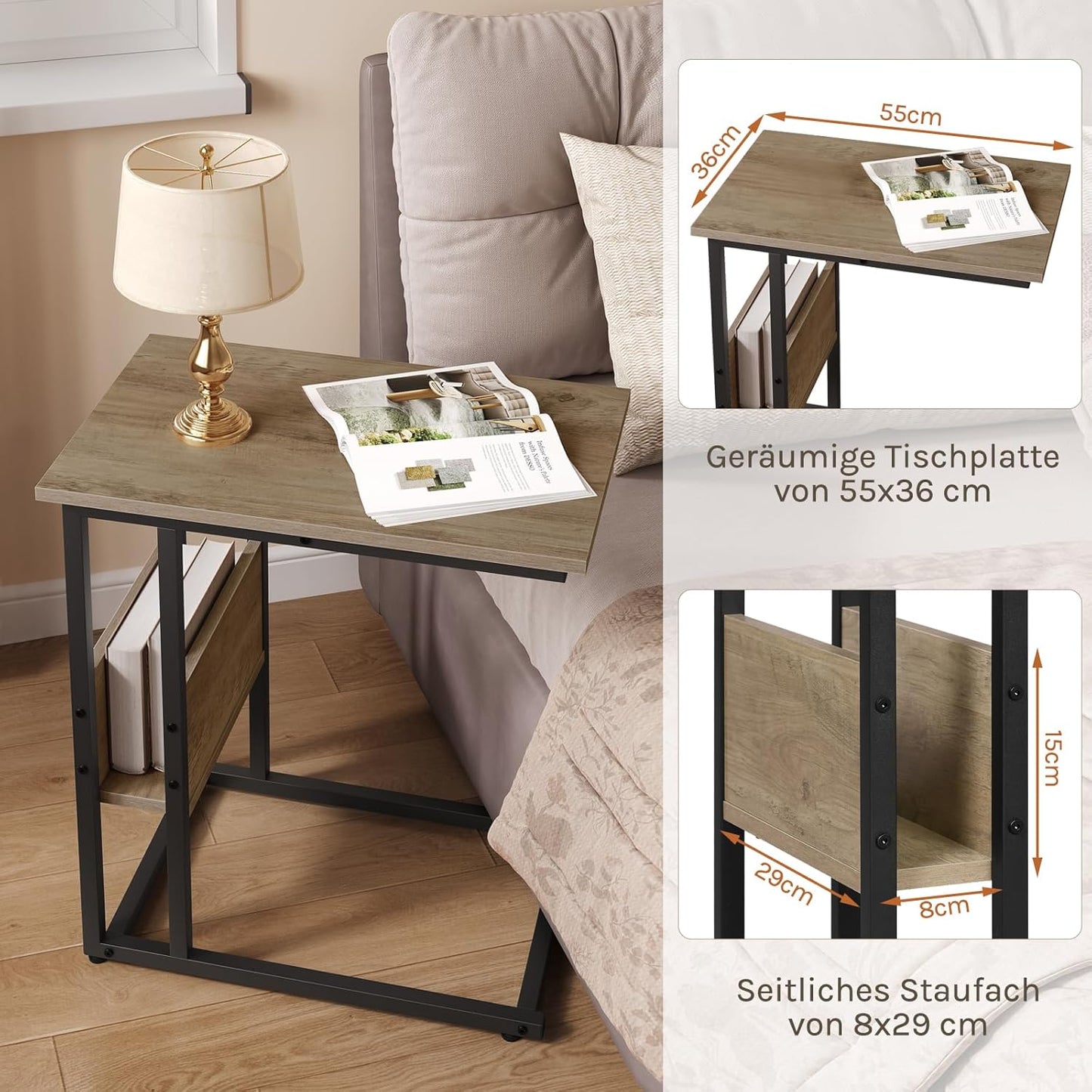 Table d'appoint Woltu en forme de C avec étagère de rangement - Aspect bois gris - Métal - 55 x 36 x 59,5 cm