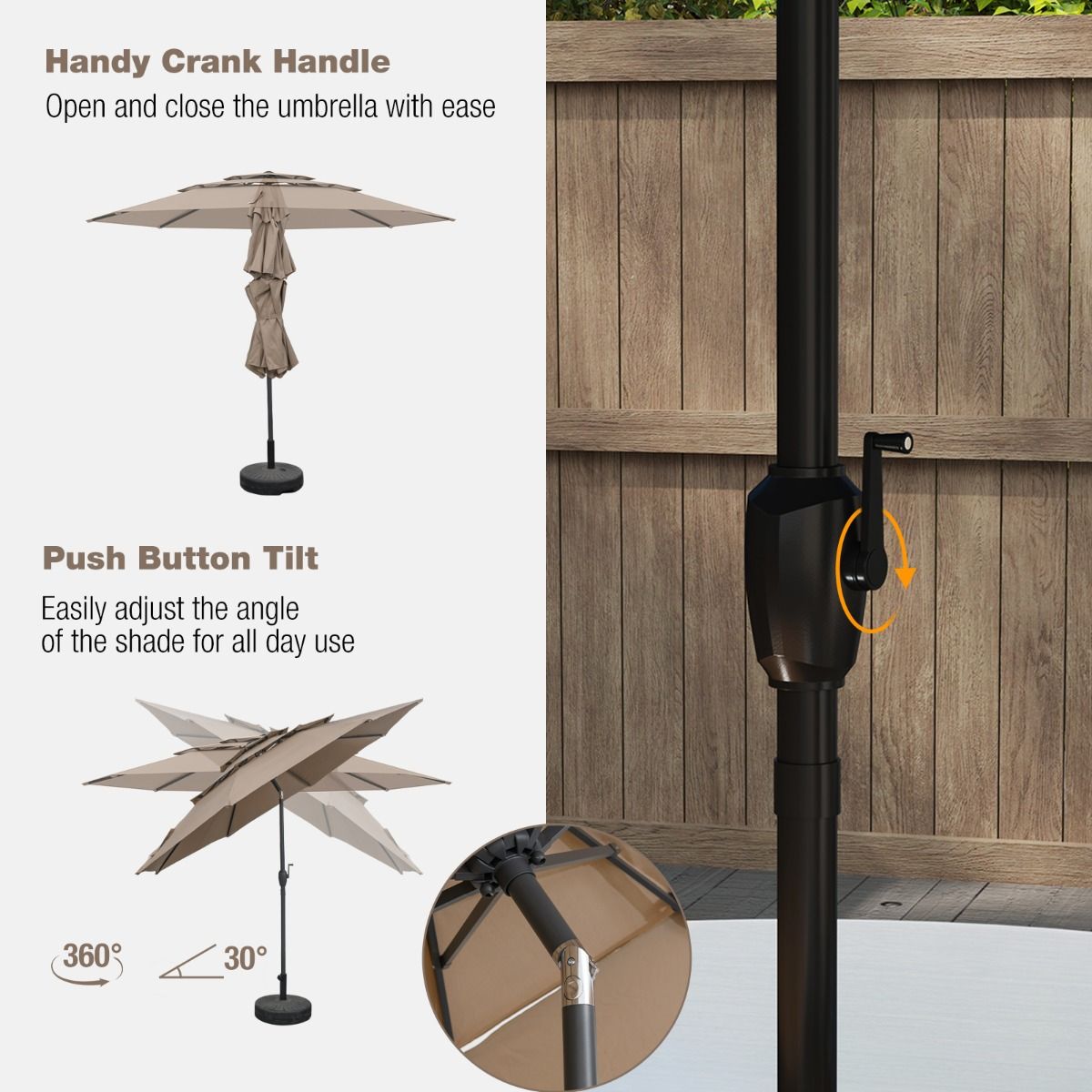 Parasol de table Coast Light Brown 300 cm - Parasol 3 couches avec mécanisme d'inclinaison et manivelle - Parasol de jardin avec 8 baleines et toile ventilée