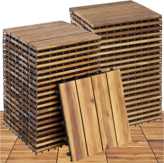 tectake® - Dalles de jardin en bois - Résistant aux intempéries - Revêtement de sol pour balcon - Dalles de sol - Sol de balcon - Dalles de terrasse avec système d'encliquetage - Drainage - lot de 40