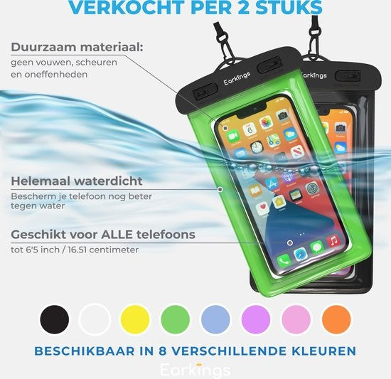 Etuis de téléphone étanches - Drybag Set of 2 - Etui de téléphone sous-marin pour tous les téléphones - Etui de téléphone étanche Earkings - Noir & Vert