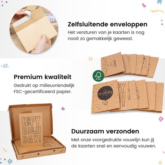 Partizzle 36x Cartes d'anniversaire durables avec enveloppe - Envoyer des cartes postales - Cartes d'anniversaire amusantes en kraft - Adultes - 15x10 cm