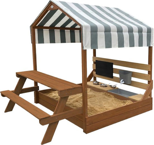 Bac à sable et maisonnette de jeu AXI Bo 159 x 105 cm avec cuisine de jeu et table de pique-nique, marron – Bois FSC – Avec tableau à craie et lot d'accessoires pour bac à sable (6 pièces) – Bâche de protection et toile de sol incluses – Garantie de 10 an