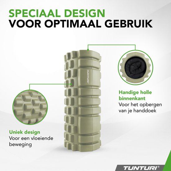 Rouleau en mousse Tunturi Yoga Grid - Rouleau de massage - Rouleau en mousse - Rouleau de fitness - Vert militaire - 33 cm - Application de fitness gratuite incluse