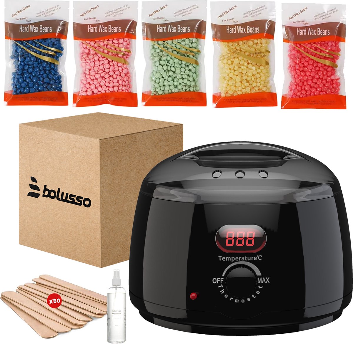 Appareil à cire Bolusso - Set d'épilation - NOUVEAU modèle - 5 sortes de haricots 500 grammes - 50 bâtonnets de cire - Afterwax gratuit - Chauffe-cire - Appareil d'épilation - Chauffe haricots de cire - Set d'épilation - Set de cire