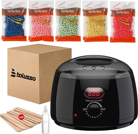 Appareil à cire Bolusso - Set d'épilation - NOUVEAU modèle - 5 sortes de haricots 500 grammes - 50 bâtonnets de cire - Afterwax gratuit - Chauffe-cire - Appareil d'épilation - Chauffe haricots de cire - Set d'épilation - Set de cire