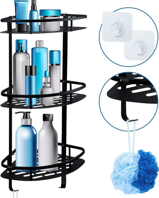 Porte-douche Happy Goods - Porte-douche 3 couches sans perçage - acier inoxydable - auto-adhésif - Porte-douche suspendu - Porte-bain - Porte-bain - Porte-bain - Porte-douche - Noir