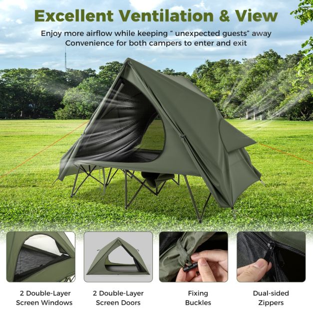 Coast Field bed with tent for 2 Persons - Lit de camping 204 x 126 x 46 cm - Tente pop-up 204 x 128 x 105 cm - Housse de pluie imperméable en Oxford - 2 portes et fenêtres en filet - Sac de rangement à roulettes - Vert