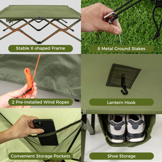 Coast Field bed with tent for 2 Persons - Lit de camping 204 x 126 x 46 cm - Tente pop-up 204 x 128 x 105 cm - Housse de pluie imperméable en Oxford - 2 portes et fenêtres en filet - Sac de rangement à roulettes - Vert