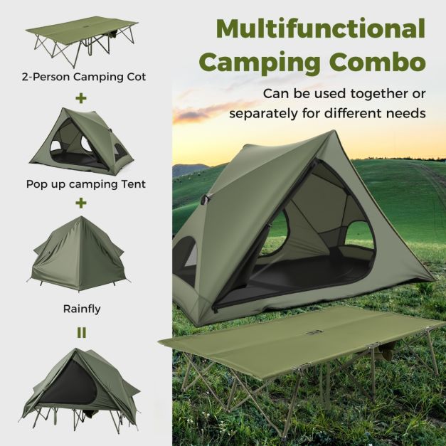 Coast Field bed with tent for 2 Persons - Lit de camping 204 x 126 x 46 cm - Tente pop-up 204 x 128 x 105 cm - Housse de pluie imperméable en Oxford - 2 portes et fenêtres en filet - Sac de rangement à roulettes - Vert