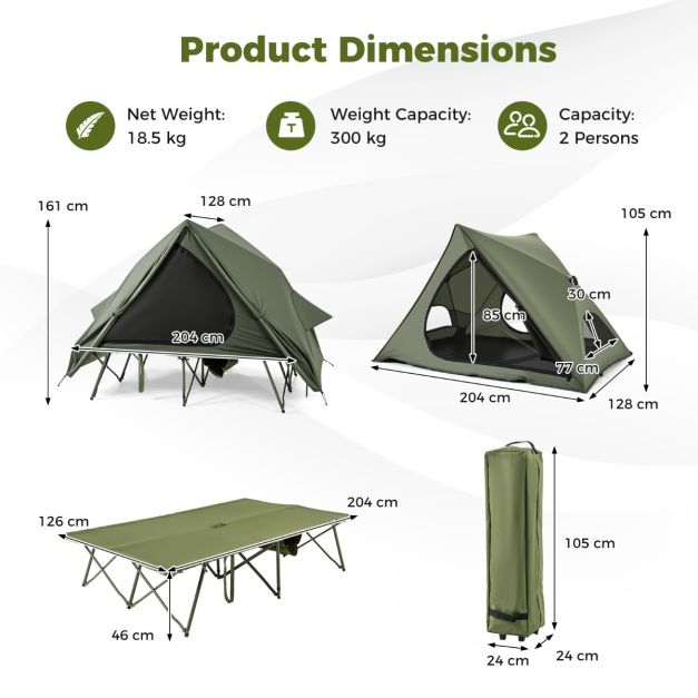Coast Field bed with tent for 2 Persons - Lit de camping 204 x 126 x 46 cm - Tente pop-up 204 x 128 x 105 cm - Housse de pluie imperméable en Oxford - 2 portes et fenêtres en filet - Sac de rangement à roulettes - Vert