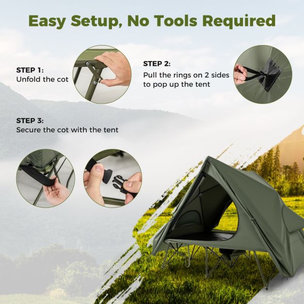 Coast Field bed with tent for 2 Persons - Lit de camping 204 x 126 x 46 cm - Tente pop-up 204 x 128 x 105 cm - Housse de pluie imperméable en Oxford - 2 portes et fenêtres en filet - Sac de rangement à roulettes - Vert