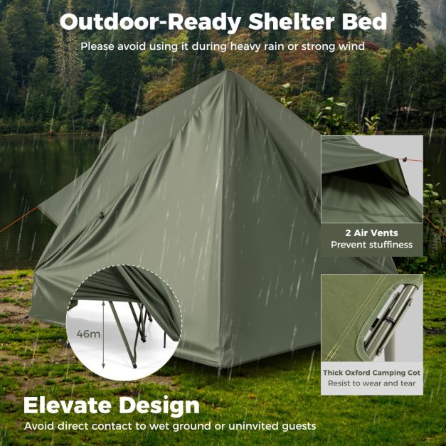 Coast Field bed with tent for 2 Persons - Lit de camping 204 x 126 x 46 cm - Tente pop-up 204 x 128 x 105 cm - Housse de pluie imperméable en Oxford - 2 portes et fenêtres en filet - Sac de rangement à roulettes - Vert
