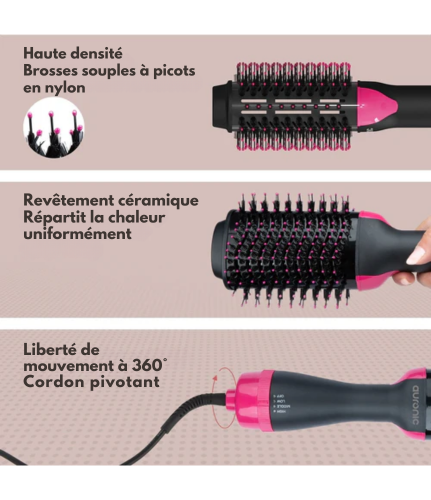 Brosse Soufflante - Auronic - Brosse coiffante - 3 en 1 - 1000W - Noir/Rose
