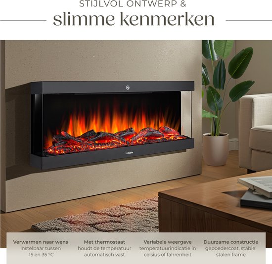tectake® Wall Fireplace - Cheminée électrique - Atmosphere Fireplace - 900W & 1800W - contrôlé par télécommande ou application - avec thermostat - Poêle - avec chauffage - cheminées - avec effets de bois et de lueur - flammes 3D - minuterie - 9 options de