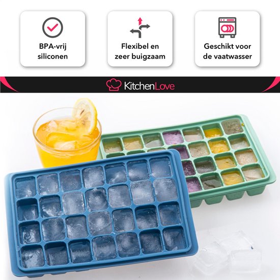 KitchenLove Moule à glaçons en silicone avec couvercle (2 pièces) - 56 glaçons - Carré - Sans BPA - 100% Silicone - Vert & Bleu