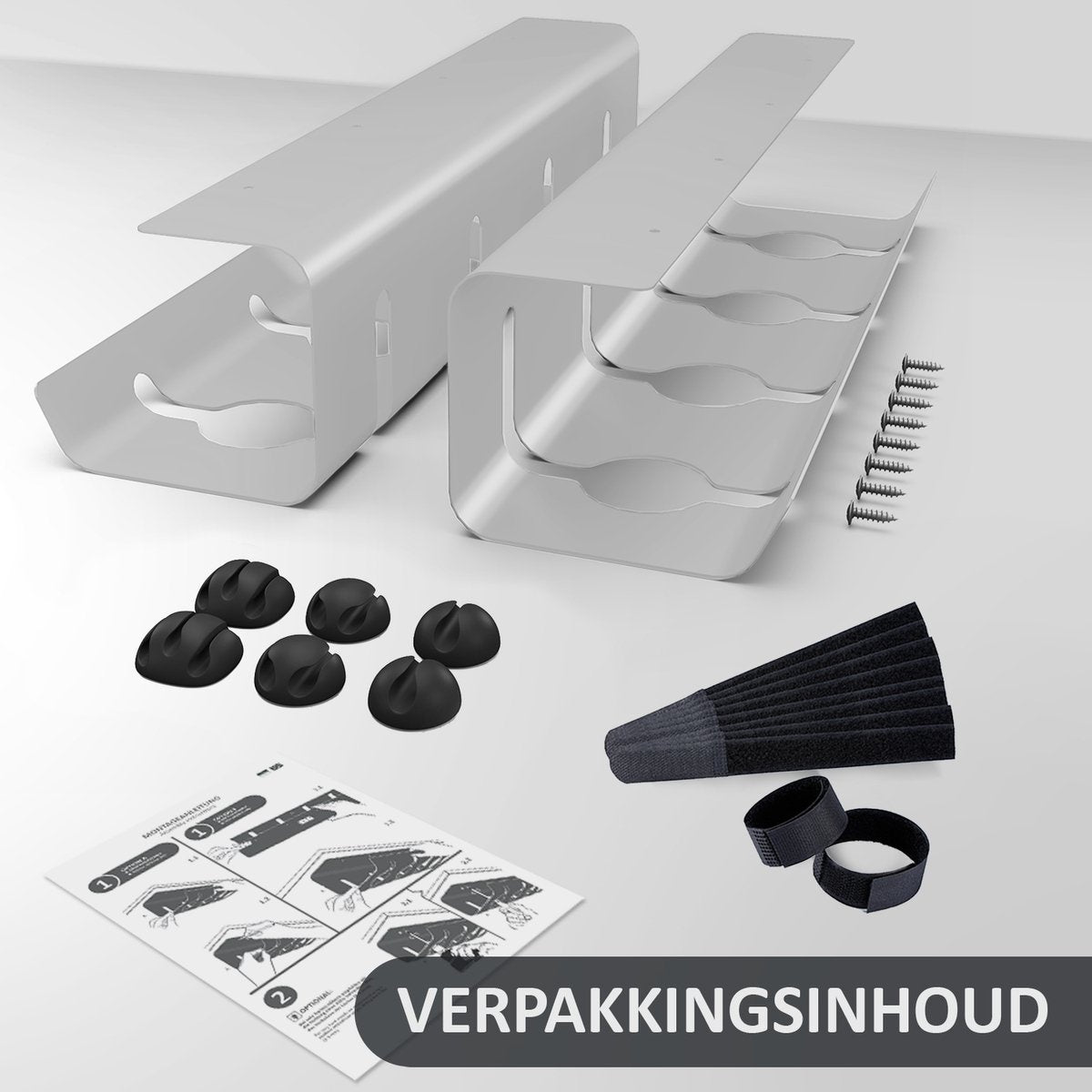 Stilemo Kabelgoot Bureau 2 Delig - Cable Management - Kabelhouder 43 CM - Kabelbox - Kabel Organiser 5 KG Draagkracht - Opberbox Stekkerdoos - Grijs - Incl. Accessoires