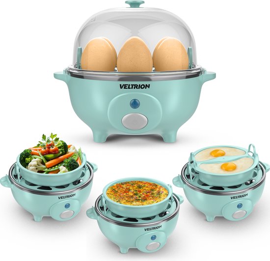 Cuiseur à œufs électrique Veltrion - Jusqu'à 7 œufs - Cuisson, œufs pochés, œufs brouillés et omelettes - Avec minuterie et verre doseur intelligent - Lavable au lave-vaisselle - Bleu