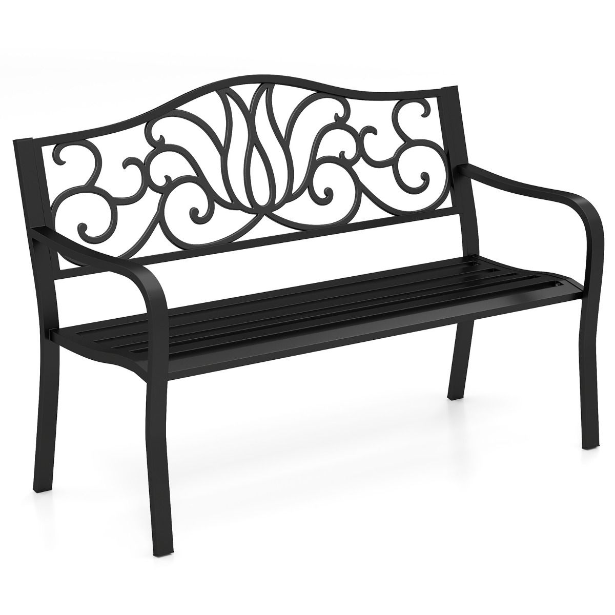 coast Garden Bench Black - dossier en fonte avec motif floral - 127 x 61 x 89 cm - Banc de terrasse 2-3 personnes avec accoudoirs