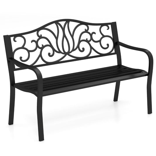 coast Garden Bench Black - dossier en fonte avec motif floral - 127 x 61 x 89 cm - Banc de terrasse 2-3 personnes avec accoudoirs