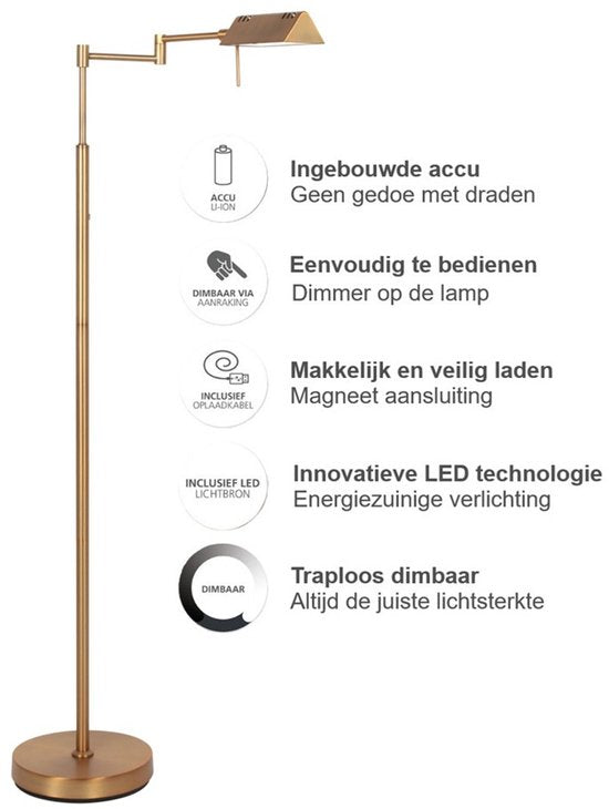 Lampadaire GlowGo 4603BR - Lampadaire classique couleur bronze de Mexlite avec batterie intégrée, bras réglable et variateur d'intensité, hauteur 125 cm