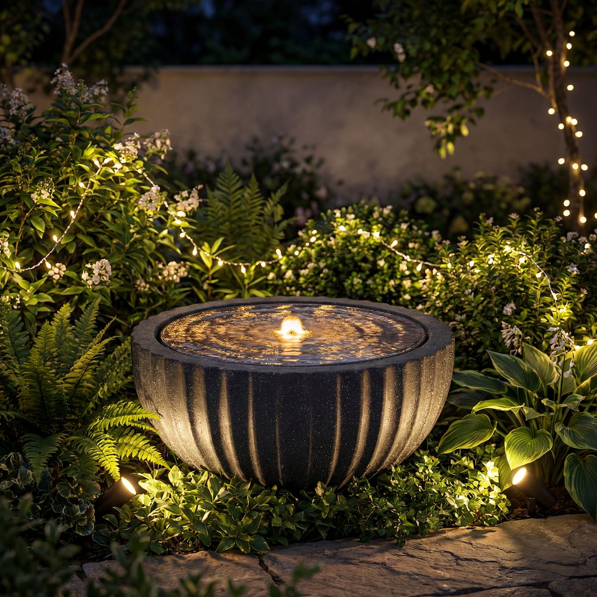 Fontaine de jardin ronde Coast - avec éclairage LED - aspect pierre - 45 x 45 x 23,5 cm - noir