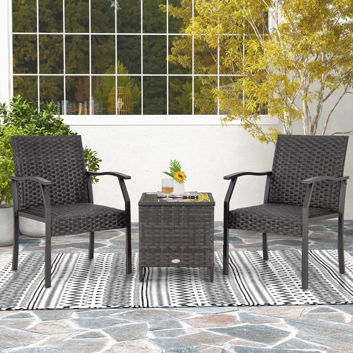 Coast 3-Piece Wicker Patio Set - 2 Chaises tapissées 66x59x87 cm + Table basse 46x46x49 cm - Mélange brun, verre trempé & rotin PE