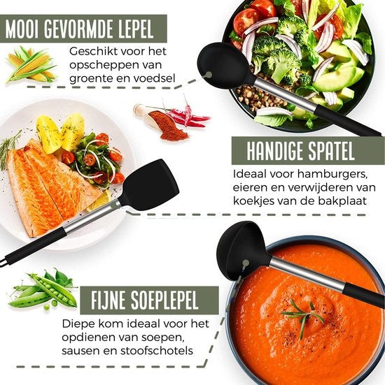 COOCK Batterie de cuisine avec support XL - Batterie de cuisine 17 pièces - Silicone - Sans BPA ni plastique - Susceptible d'être accrochée - Ouvre-boîte inclus