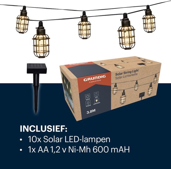 Guirlande lumineuse de jardin - 3,8 m - Solaire - LED blanc chaud