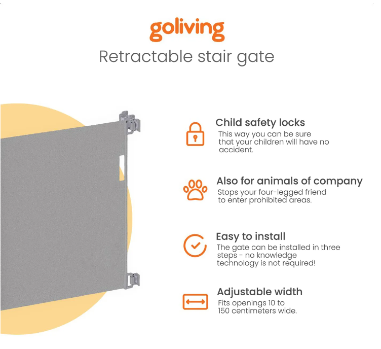 Barrière de sécurité enroulable - Goliving – Barrière pour enfants – Système Push & Turn – Largeur 10 à 150 cm – Cadre en aluminium – Maille grise