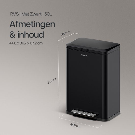 Deleca Trashcan Prestige - 50 Litres - Large - Poubelle / Corbeille à papier / Poubelle à pédale en acier inoxydable - Avec pédale et fermeture lente - Noir mat