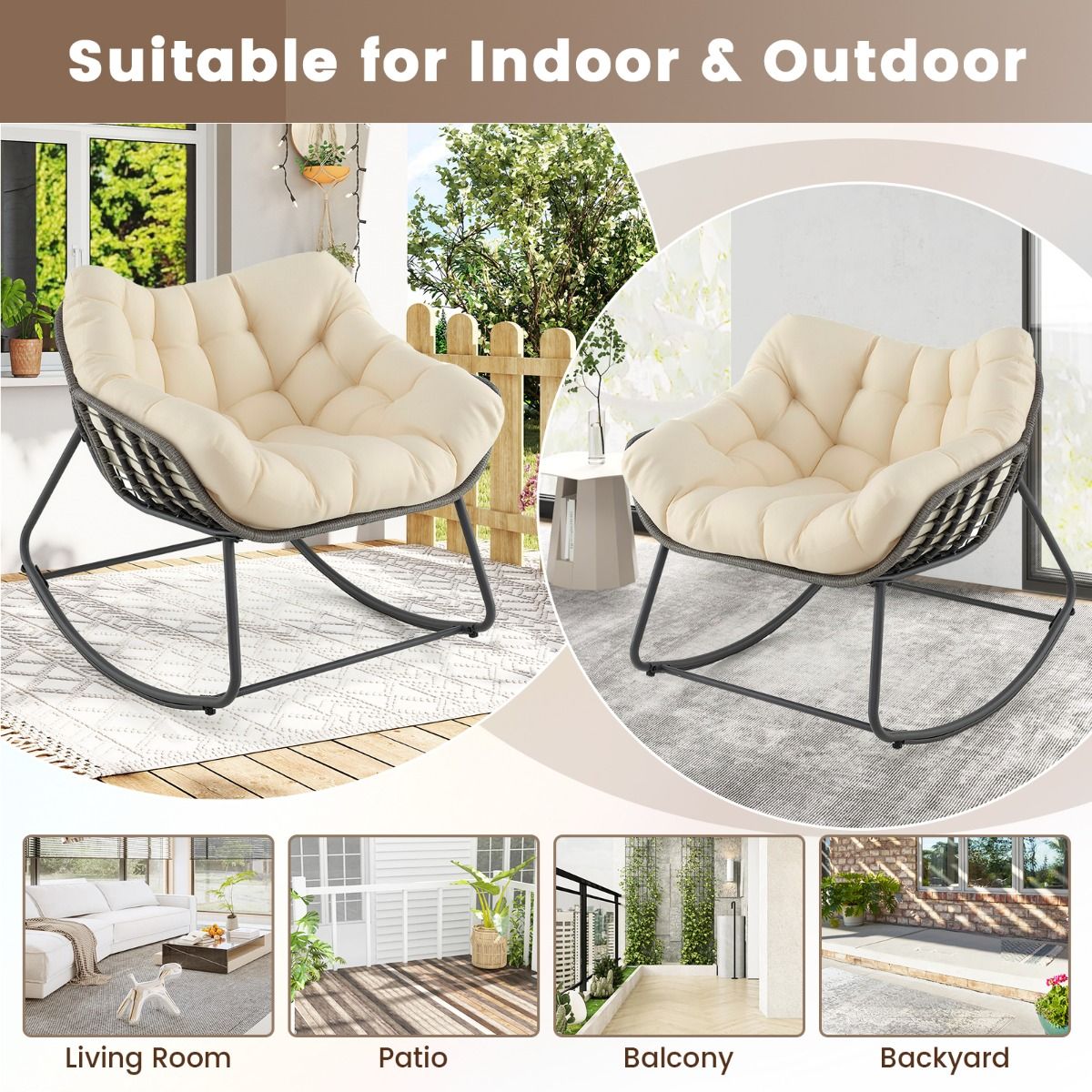 Fauteuil à bascule Coast - très grand format - coussin épais amovible - beige et gris