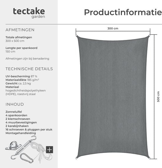 tectake® Toile d'ombrage rectangulaire Sunny - 3 x 5 m - Toile d'ombrage extra robuste en HDPE 185 g/m² - Protection UV 50+ - Résistant aux intempéries et à la déchirure - Parasol pour jardin, balcon, terrasse - Parasol avec matériel de fixation - Gris
