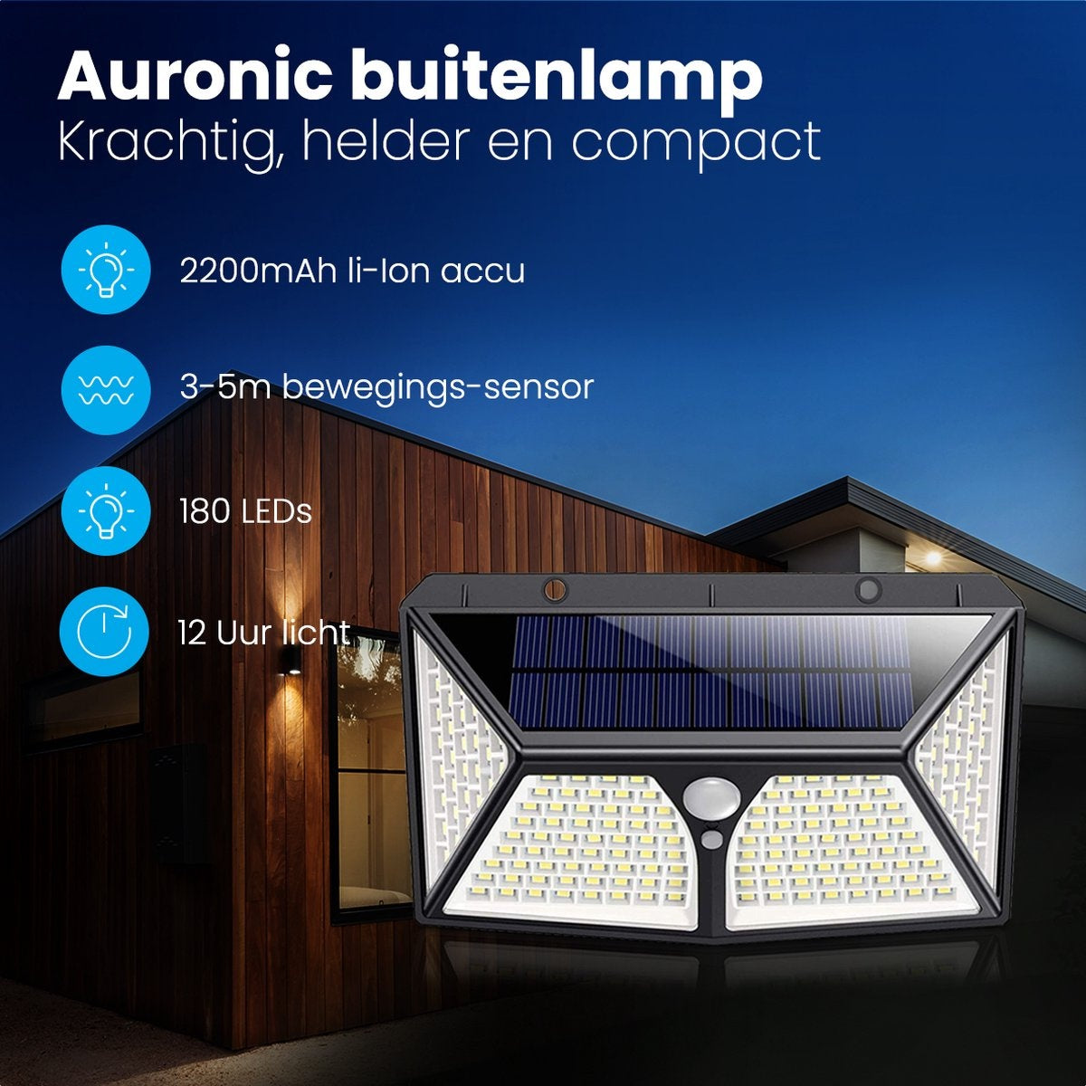 Auronic Lampe solaire d'extérieur avec détecteur de mouvement - Applique murale avec détecteur - Solaire - 180 LEDs - IP65 - Noir